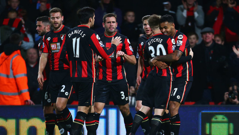 BOURNEMOUTH, ENGLAND - DECEMBER 12: Joshua King (1st R) of Bournemouth celebrates scoring his team's second goal with his team mates during the Barclays Premier League match between A.F.C. Bournemouth and Manchester United at Vitality Stadium on December 12, 2015 in Bournemouth, United Kingdom. (Photo by Jordan Mansfield/Getty Images)