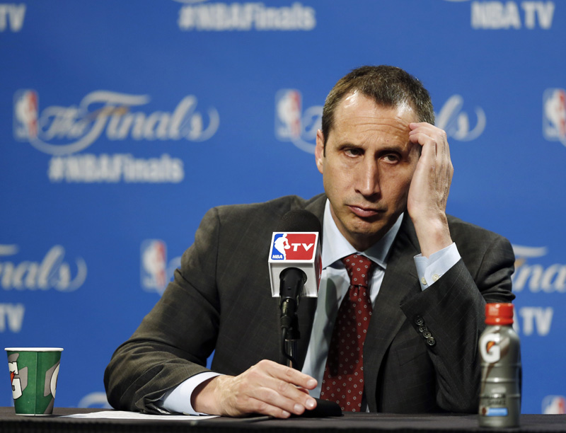 Cleveland Cavaliers head coach David Blatt listens to a question in a news conference after the Cavaliers were defeated by the Golden State Warriors, 105-97, in Game 6 of basketball's NBA Finals in Cleveland, Wednesday, June 17, 2015. The Warriors won the best-of-seven game series 4-2.  (AP Photo/Paul Sancya)
