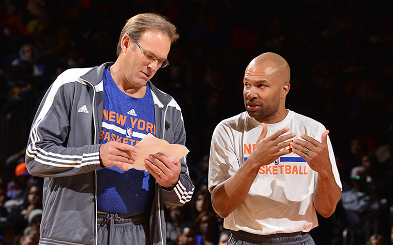NEW YORK, NY - OCTOBER 26: Kurt Rambis and Derek Fisher of the New York Knicks during open practice at Madison Square Garden on October 26, 2014 in New York City, New York. NOTE TO USER: User expressly acknowledges and agrees that, by downloading and/or using this Photograph, user is consenting to the terms and conditions of the Getty Images License Agreement. Mandatory Copyright Notice: Copyright 2014 NBAE (Photo by David Dow/NBAE via Getty Images)